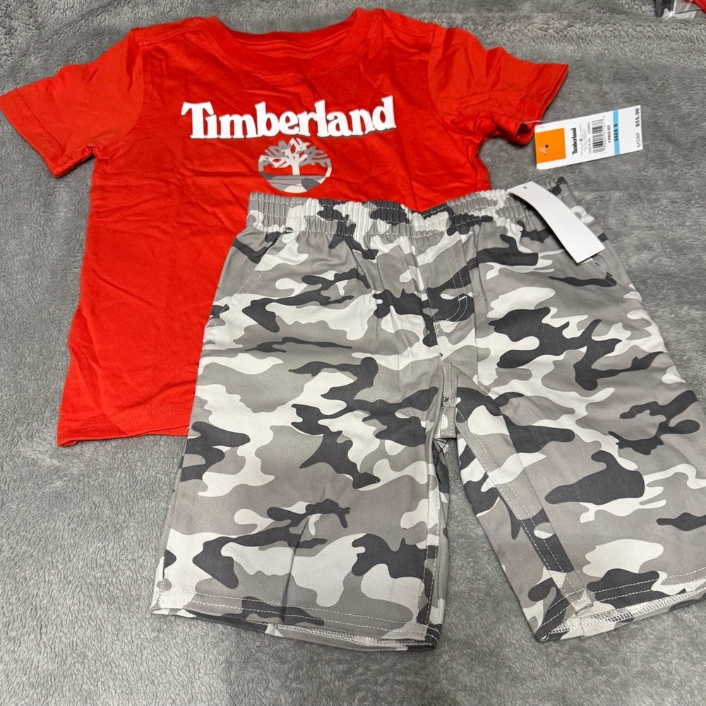 Boys’ Timberland 2 piece Short Set Orange/Gray Camo